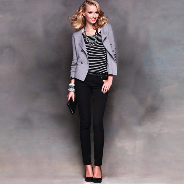 striped tee gray blazer black pants