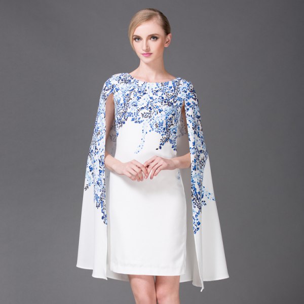 white and blue floral printed cape dress