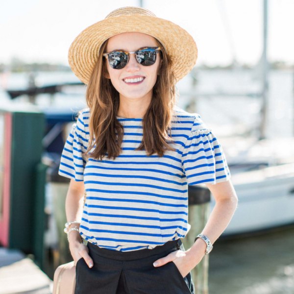 blue and white striped t-shirt straw hat