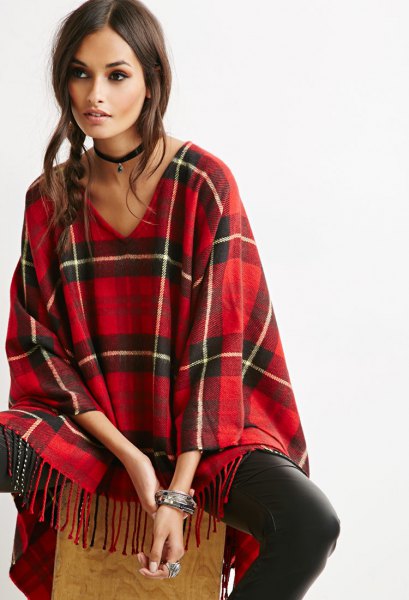 red and black plated v-neck fringed poncho leather leggings