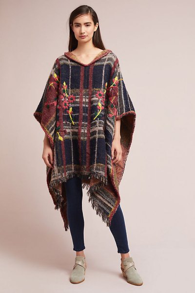 embroidered brown and navy plaid poncho