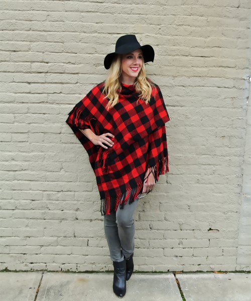 red and black checkered poncho-floppy hat