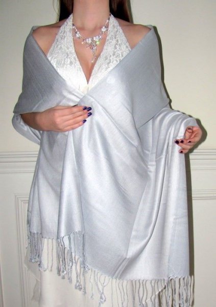 silver shawl white lace deep v-neck dress