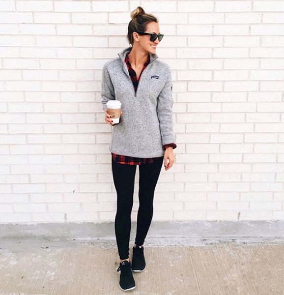 gray pullover black and red checkered boyfriend shirt