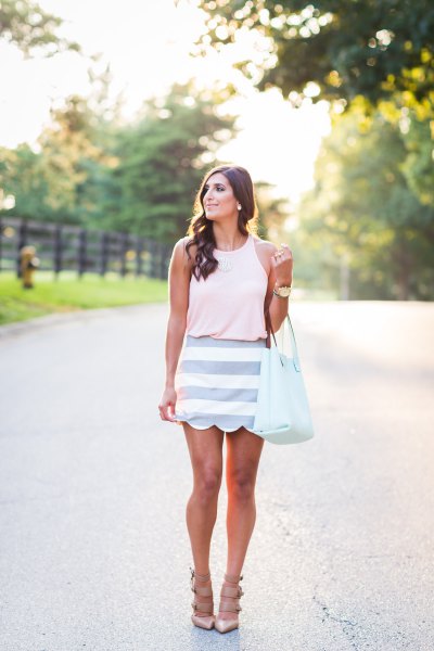 white sleeveless top pink striped scallop skirt