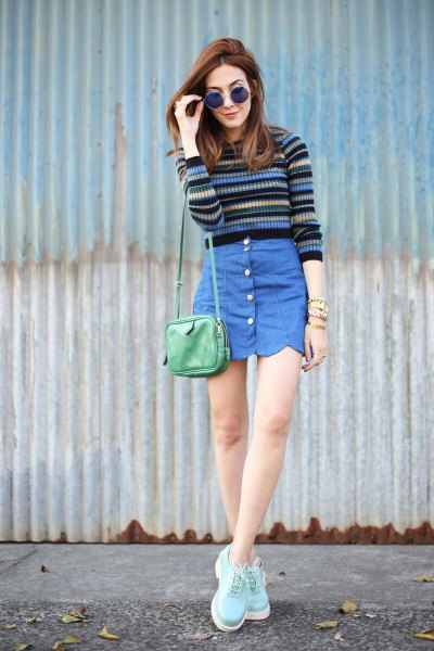 multicolored striped sweater blue button front scallop skirt