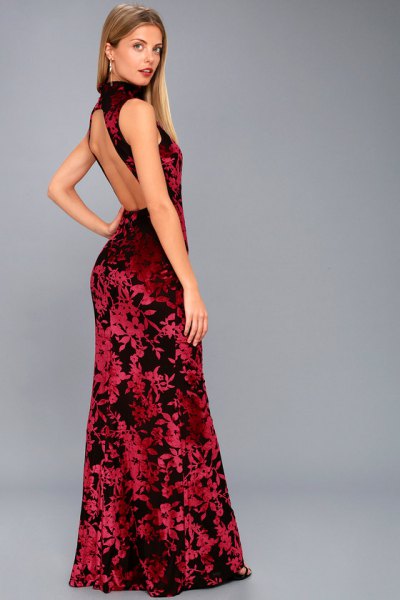 red and black turtleneck backless maxi dress