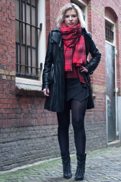 black long leather jacket red scarf