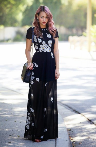 black floral tee matching sheer maxi dress