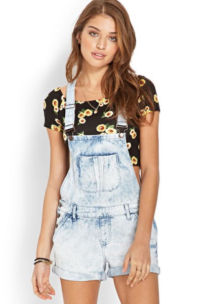 light blue denim overall shorts black floral printed cropped t-shirt
