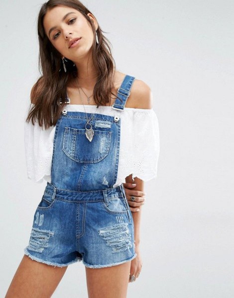 denim overall shorts white from the shoulder blouse