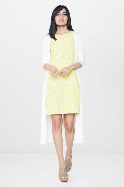 white midi-shoulder pale yellow mini dress