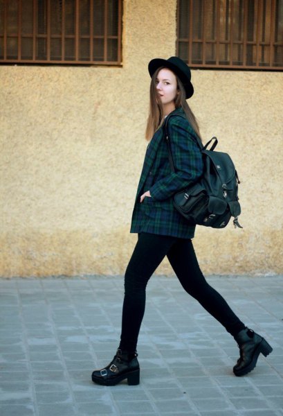 navy and green plaid jacket black skinny jeans