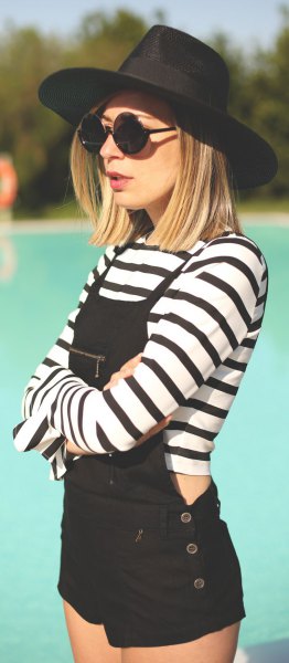 overall shorts cropped black and white striped long sleeve tee