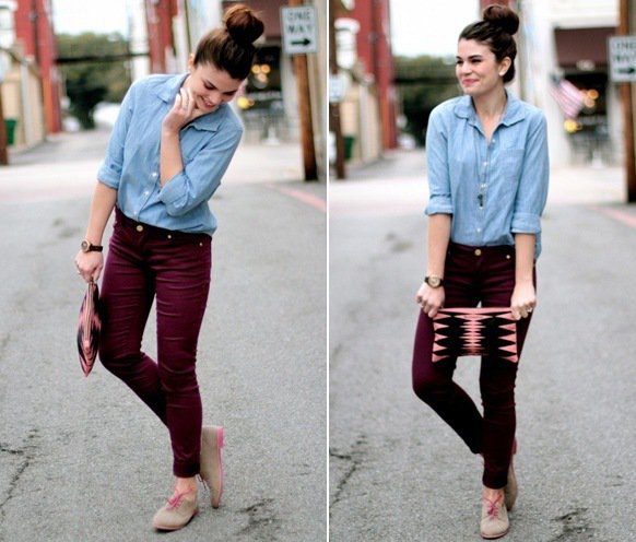 chambray button up shirt burgundy skinny jeans