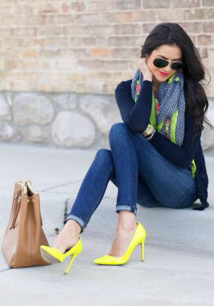 yellow pointed toe heels navy scarf