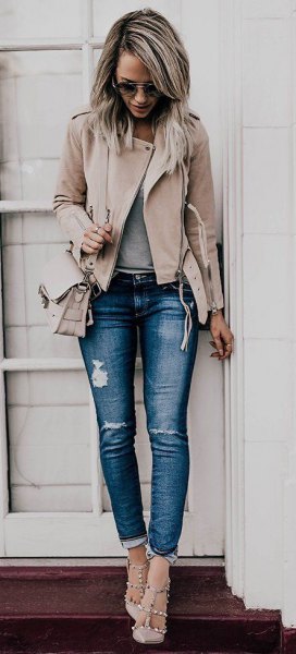 light pink leather jacket ripped stretch jeans