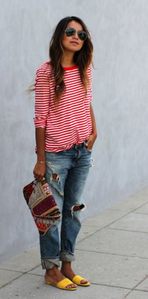 half-heated red and white striped t-shirt ripped boyfriend jeans