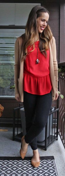 red blouse crepe cardigan black chiffon skirt