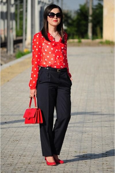 red and white polka dot shirt black wide leg chinos