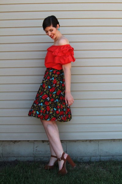 red ruffle off shoulder blouse with high waist floral blown midi skirt