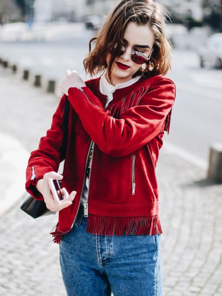 red suede french jacket mom jeans