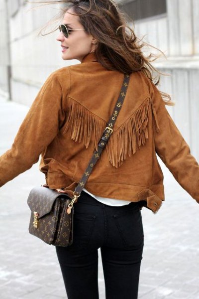 brown suede jacket black skinny jeans
