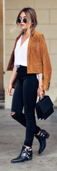 yellow brown suede jacket white blouse
