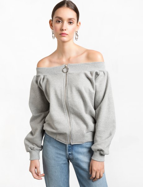 gray zipper in front of the shoulder sweater