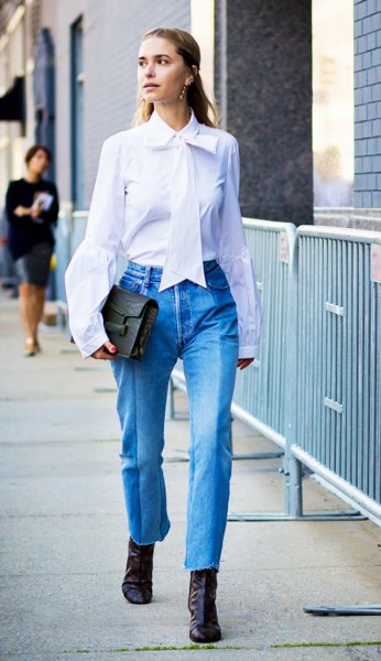 white tie neck shirt blue cropped mom jeans