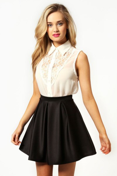white lace sleeveless shirt black silk skater skirt