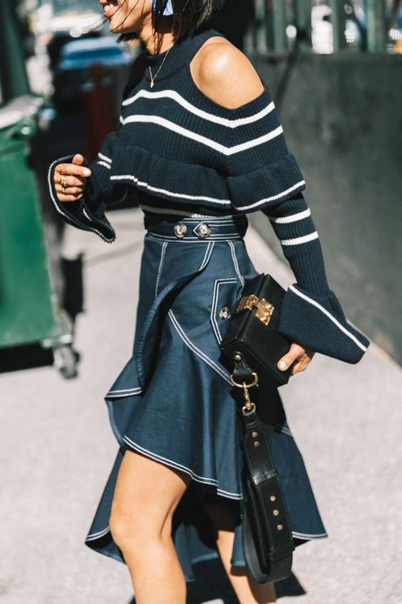 asymmetrical skirt street style navy blue