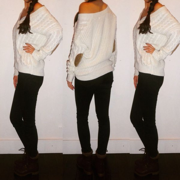white one shoulder cable knit sweater with elbow patch