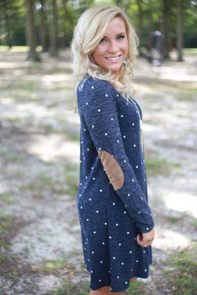 navy and white polka dot elbow patch sweater dress
