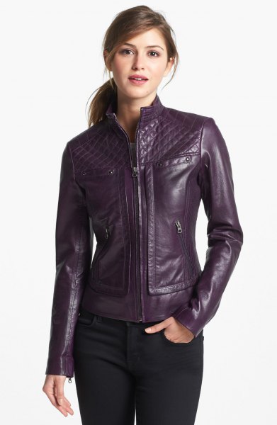 purple motorcycle jacket black skinny jeans