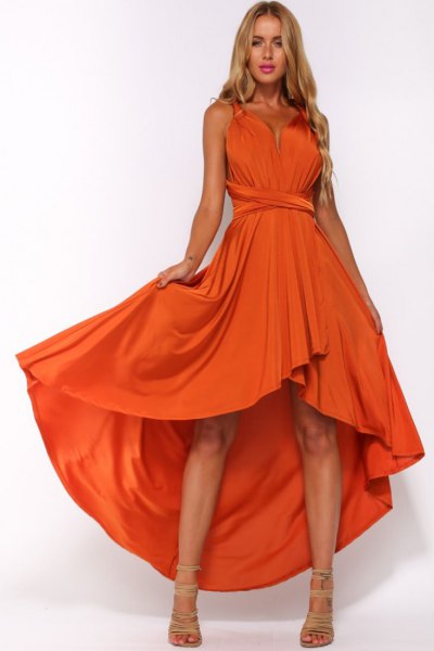 orange gathered waist high low flared midi dress