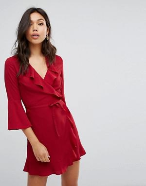 red watch sleeve and ruffle collar wrap dress
