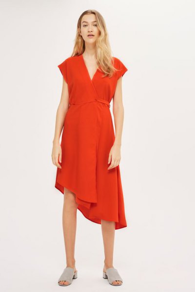 red asymmetrical midi swing wrap dress