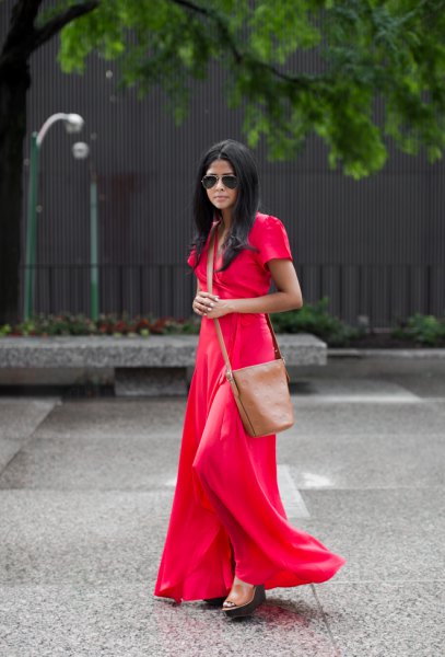 red short sleeve floor length flowing dress