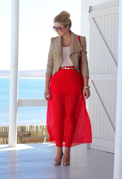 pink leather jacket red maxi pleated skirt