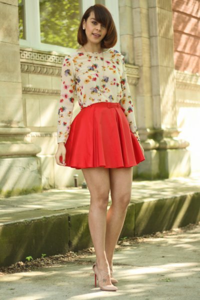 white floral long sleeve blouse red pleated mini skater skirt