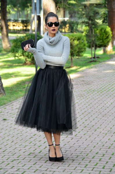 midi black tulle skirt gray sweater with cover