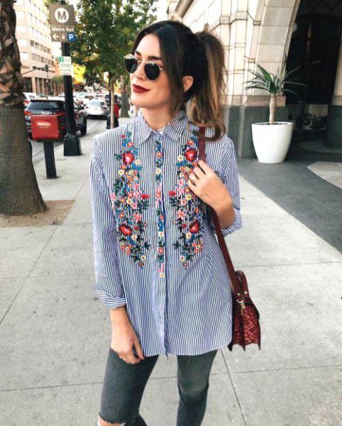 floral embroidered navy blue and white striped boyfriend shirt