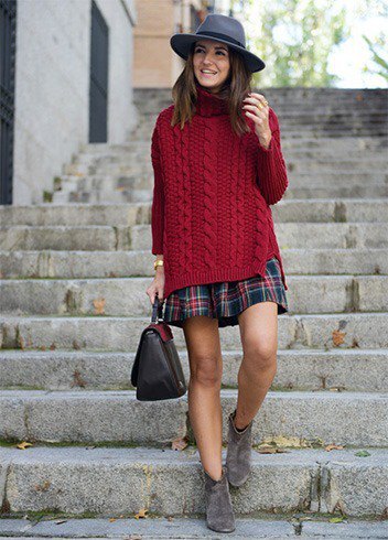 burgundy large cable knit navy navy and red checkered skirt