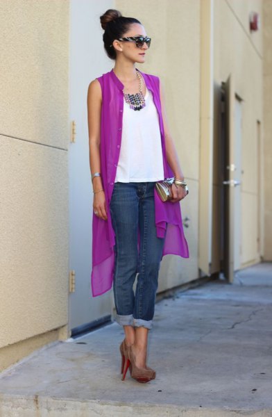 sleeveless purple chiffon cardigan white top jeans