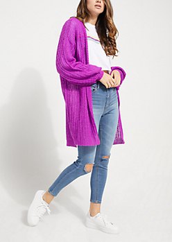 long chunky purple knit cardigan ripped skinny jeans