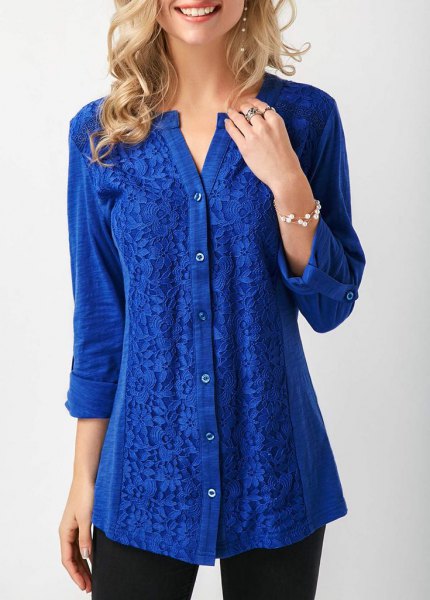 royal blue linen lace shirt
