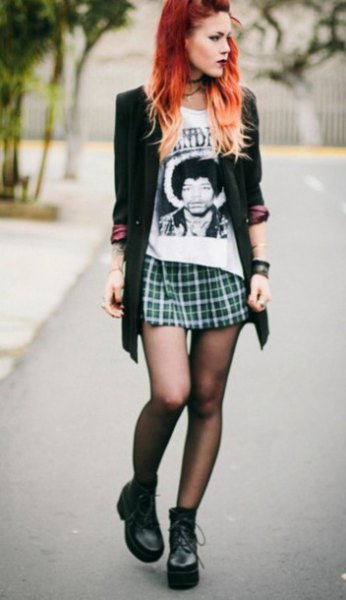 black long cardigan mini plaid skirt