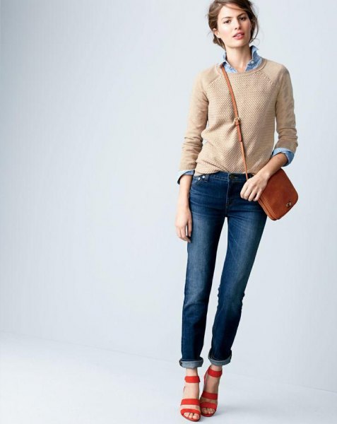 crepe regular fit crew Neck sweater over chambray shirt