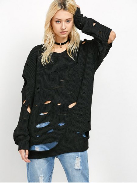 black ripped oversized knitted sweaters